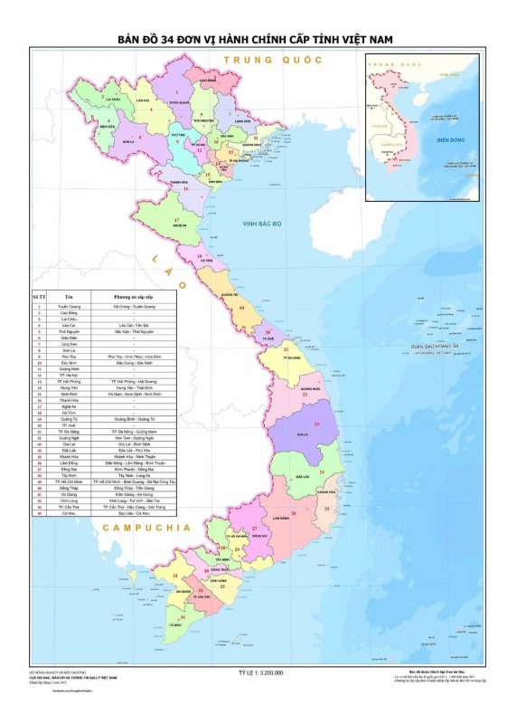 VIỆT NAM: BẢN ĐỒ 34 ĐƠN VỊ HÀNH CHÍNH CẤP TỈNH 